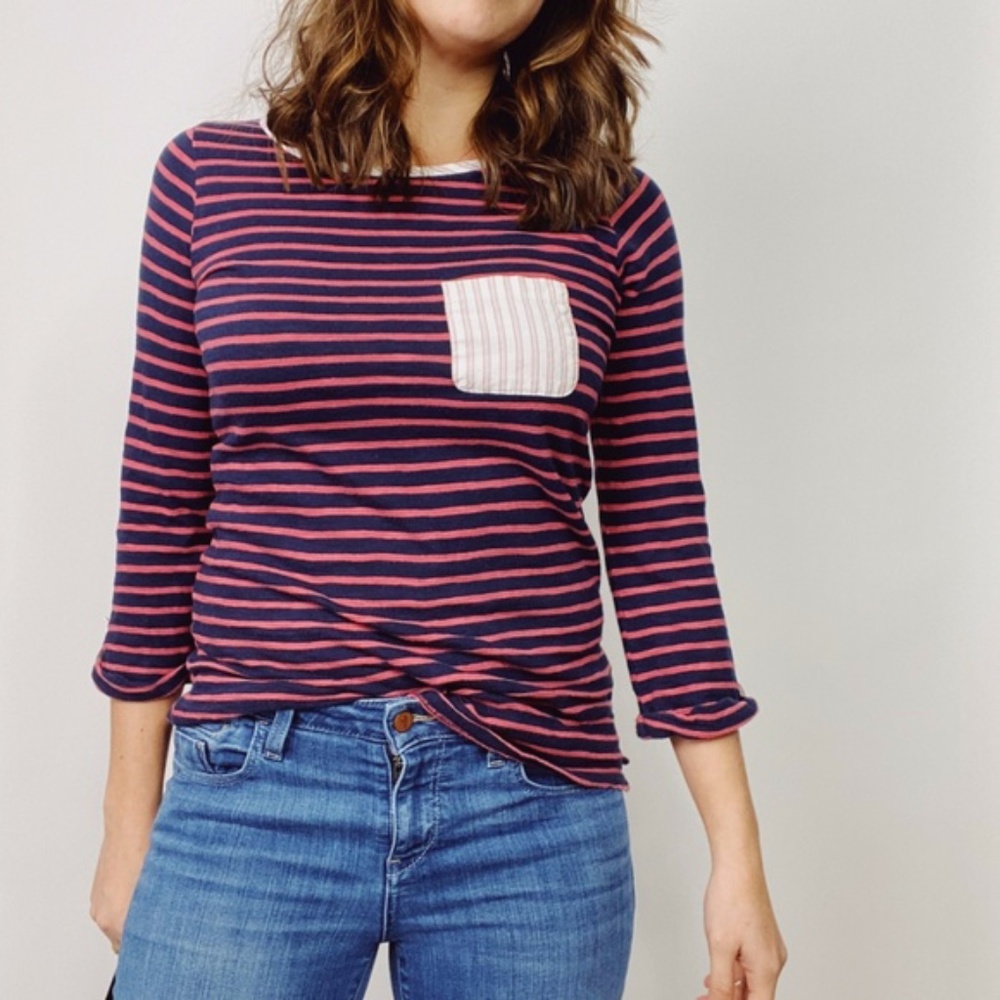 BODEN Breton Pink Navy Striped Tee Front Pocket